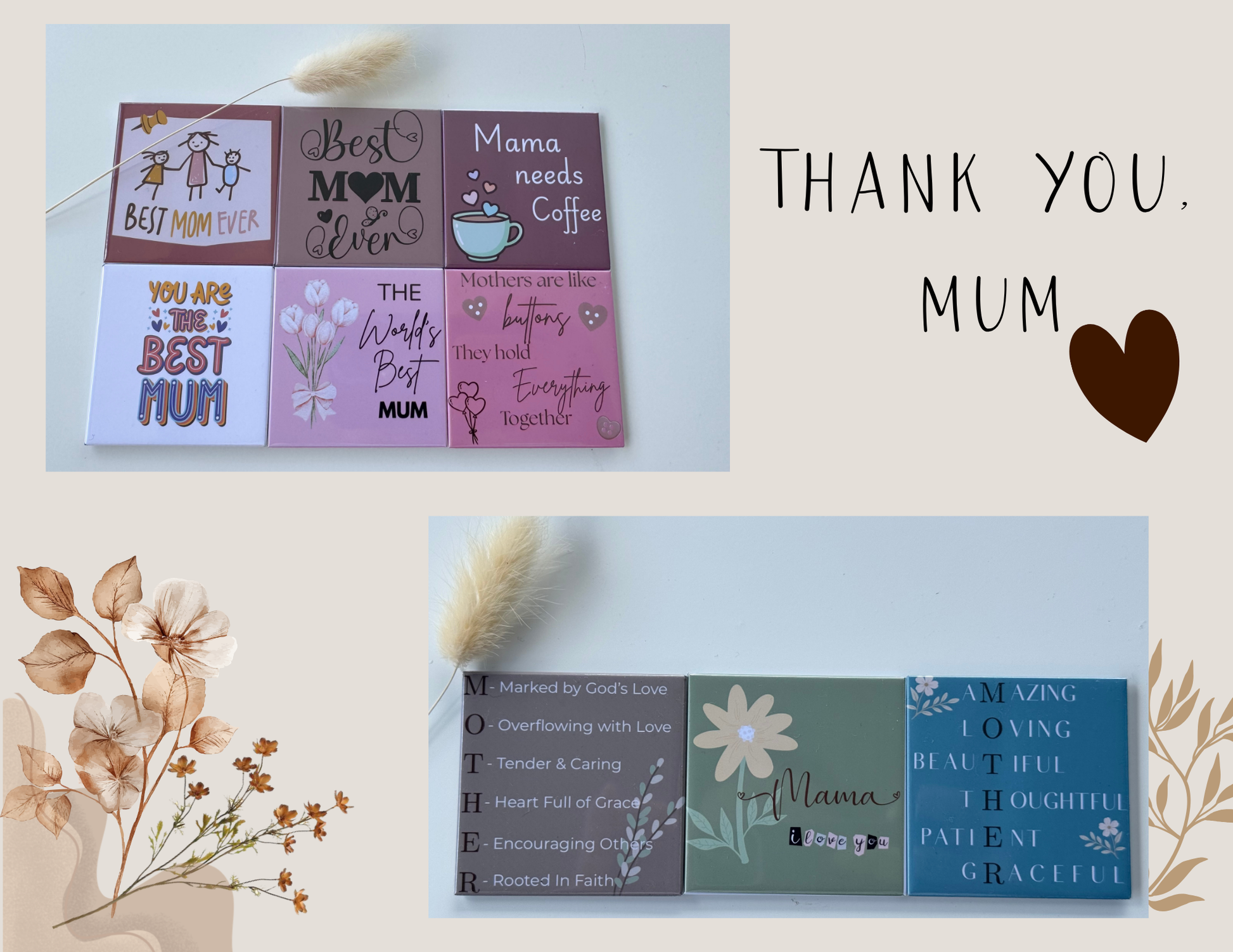 Set of cards with various messages for mom on a light blue background, accompanied by decorative elements.